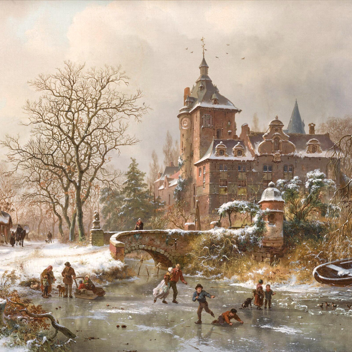 Landscape Oil Painting - Winter Castle and Ice Skaters Scene