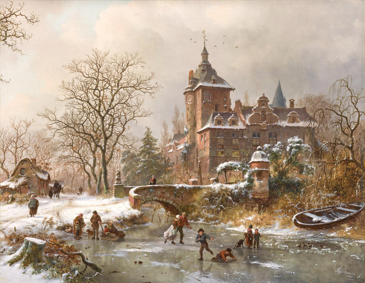 Landscape Oil Painting - Winter Castle and Ice Skaters Scene
