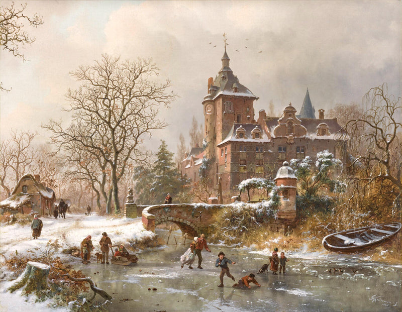 Landscape Oil Painting - Winter Castle and Ice Skaters Scene