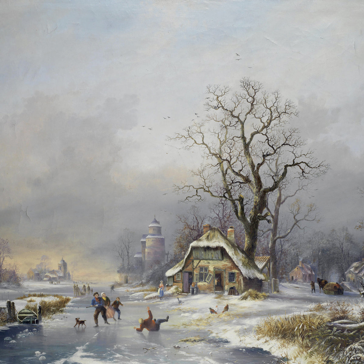 Landscape Oil Painting - Winter Village Scene with Figures on Ice