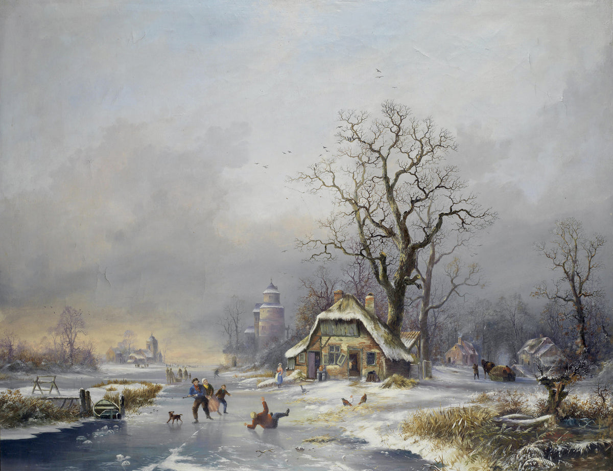 Landscape Oil Painting - Winter Village Scene with Figures on Ice