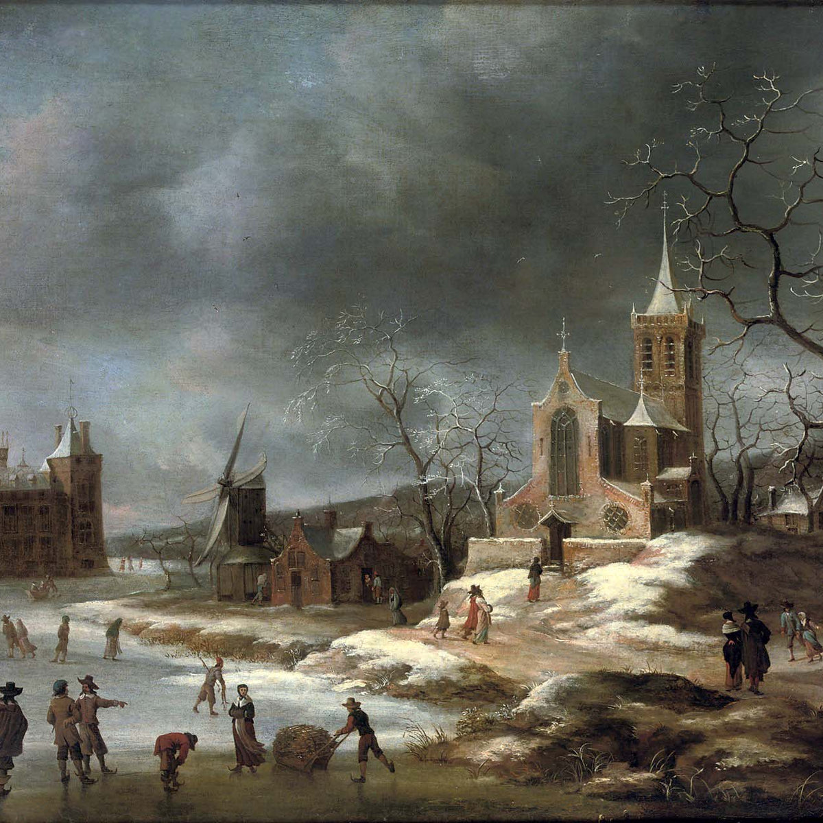 Landschaftsgemälde in Öl – Winterliche Flusslandschaft mit Figuren und Pferden