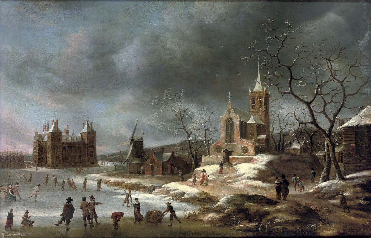 Landschaftsgemälde in Öl – Winterliche Flusslandschaft mit Figuren und Pferden