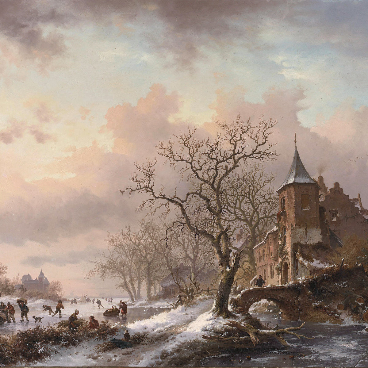 Landscape Oil Painting - Winter castle ruins & frozen river