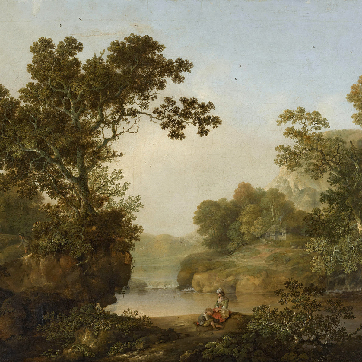 Peinture à l'huile de paysage - Gouffre rocheux spectaculaire avec personnages