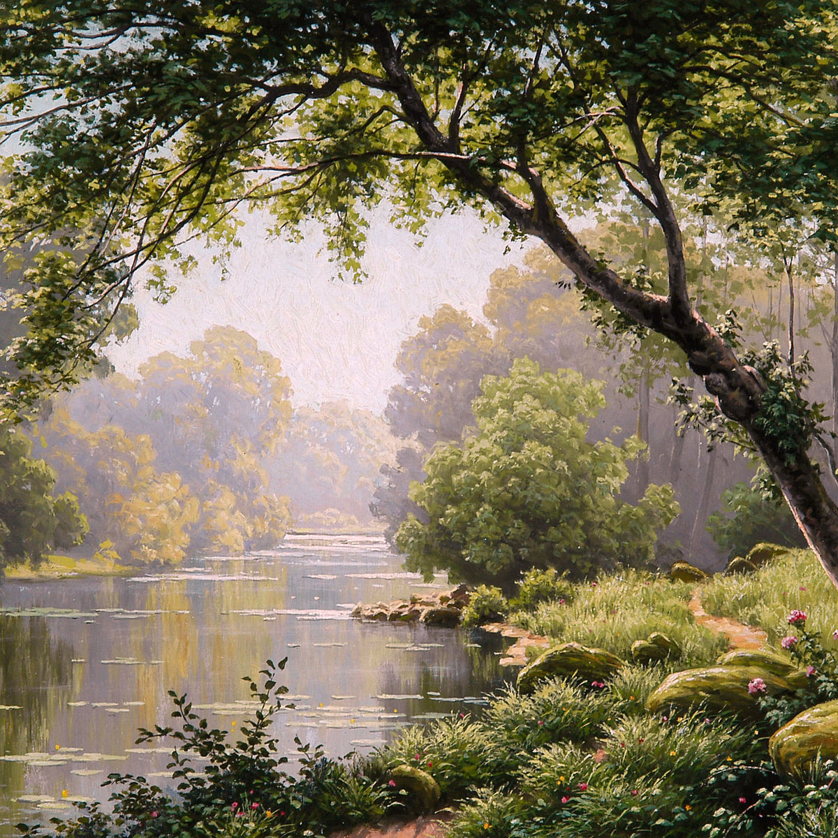 Landscape Oil Painting - Woodland River Overhanging Tree & Lily