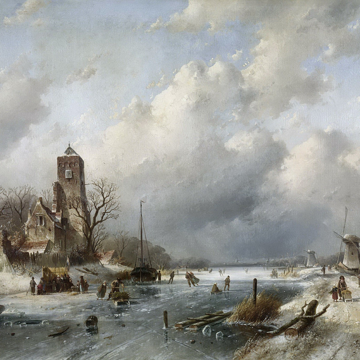 Landscape Oil Painting - Frozen Canal with Skaters and Windmills