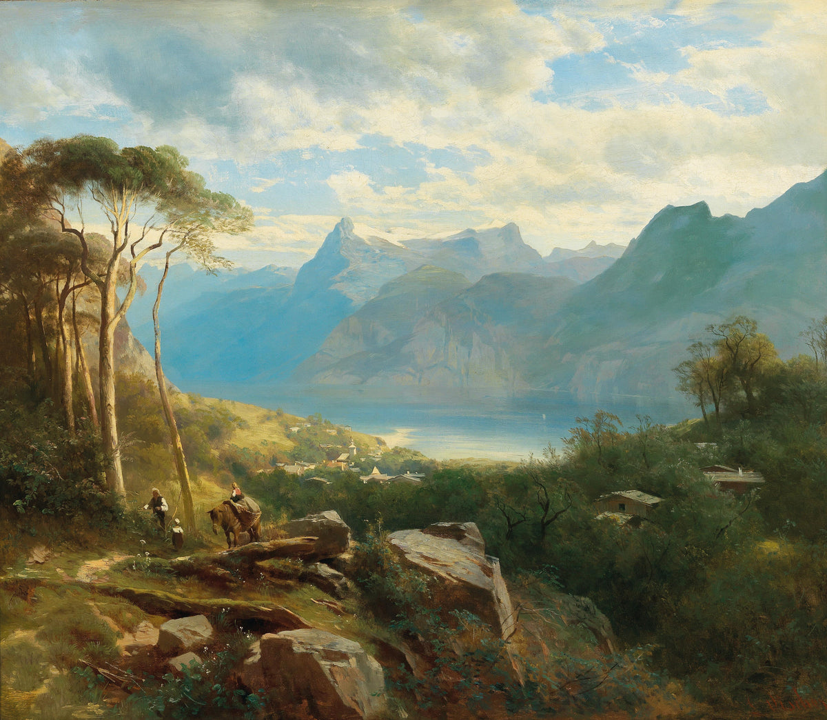 Landscape Oil Painting - Alpine Lake, Village and Mountain Riders