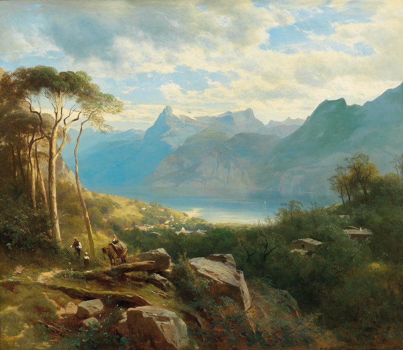 Landscape Oil Painting - Alpine Lake, Village and Mountain Riders