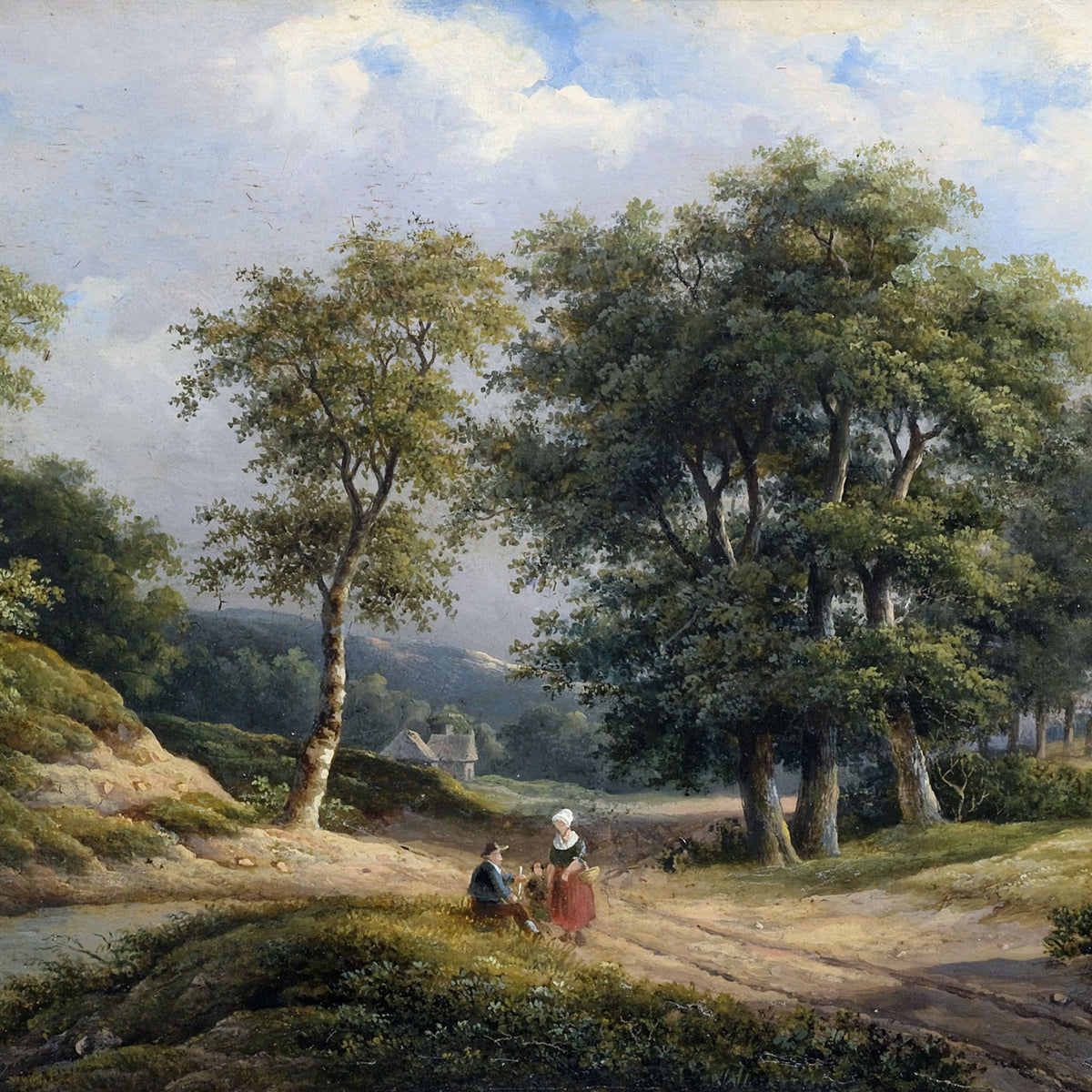 Landscape Oil Painting - Country Road with Family and Woodland