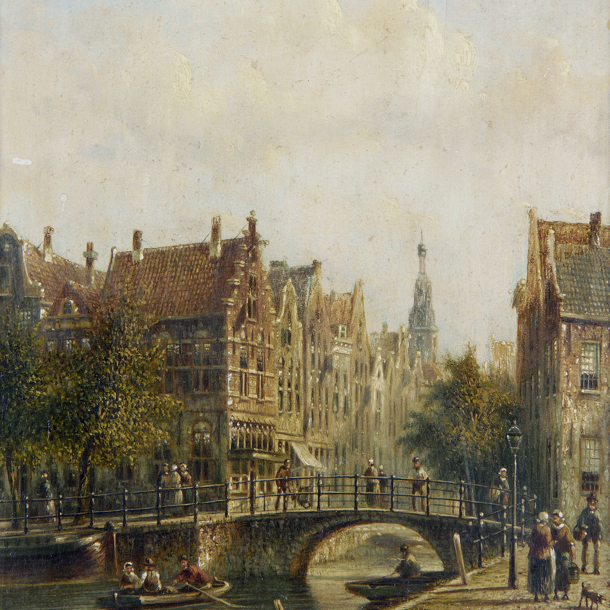 Peinture à l'huile de paysage - Vieux pont de canal européen, ville