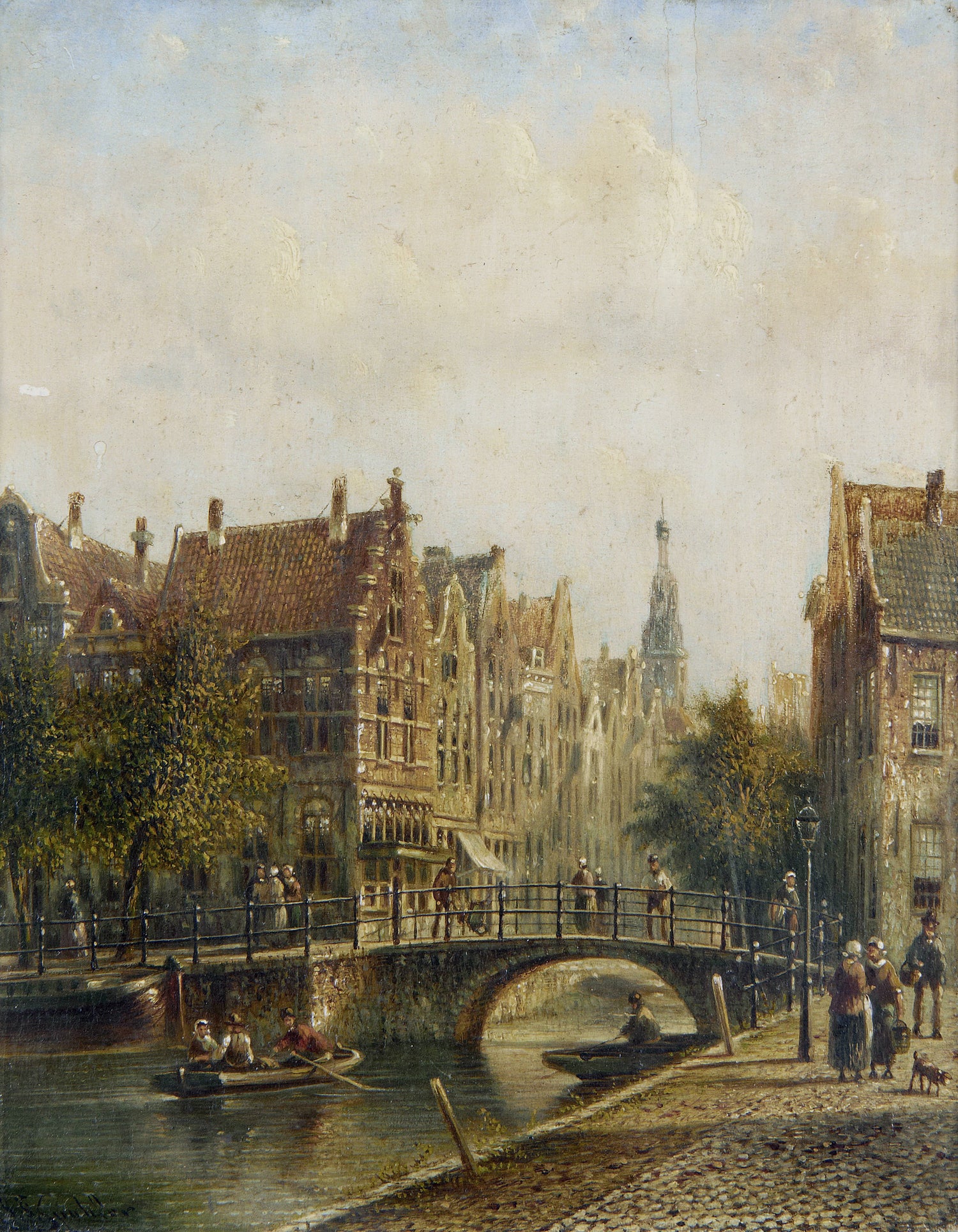 Landscape Oil Painting - Old European Canal Bridge, Town