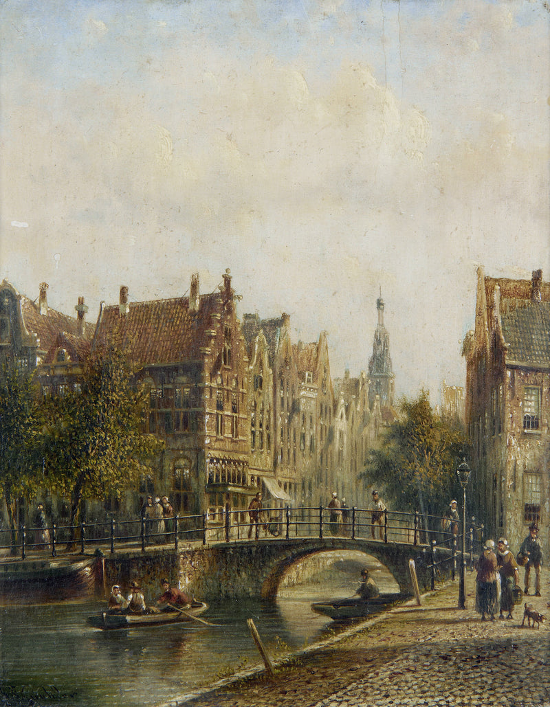 Peinture à l'huile de paysage - Vieux pont de canal européen, ville