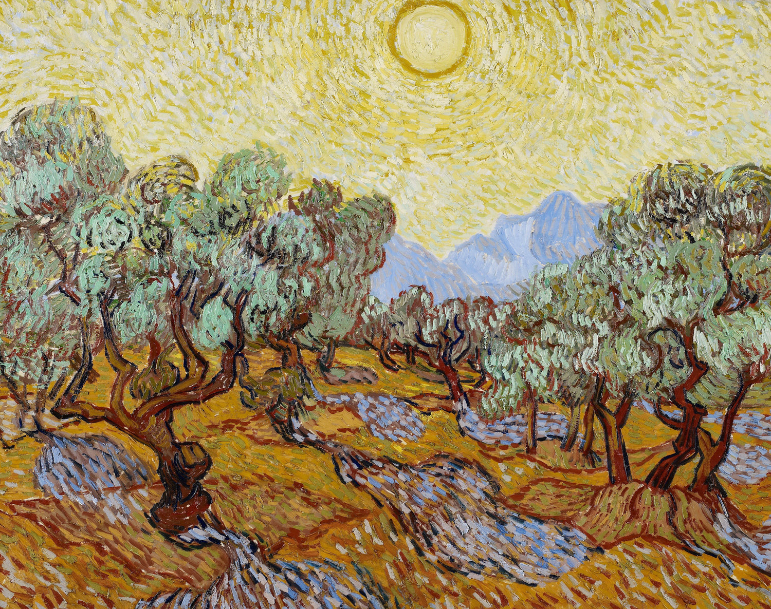 Olive Trees with Yellow Sky and Sun - Oil Painting Haven