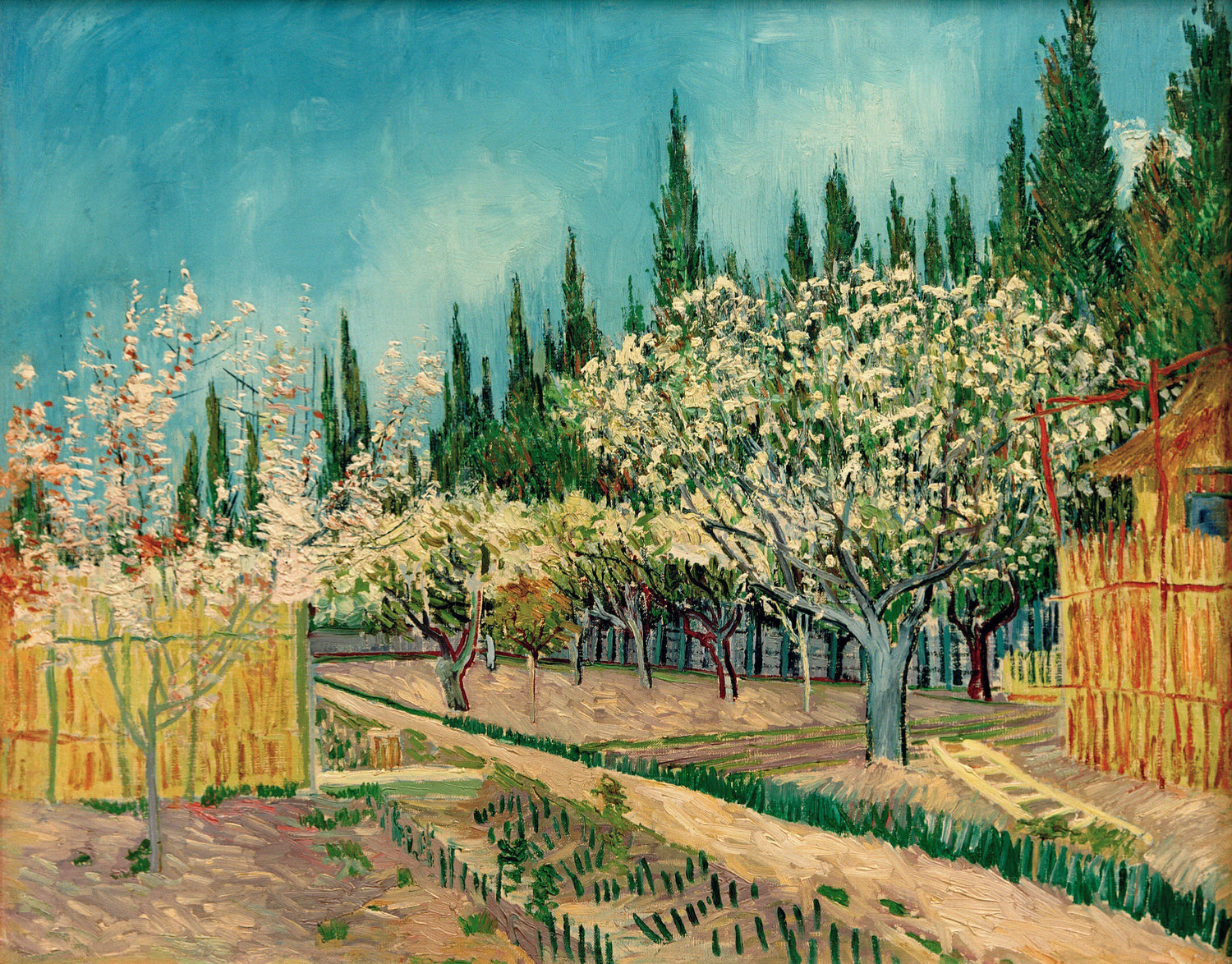 Orchard in Blossom, Bordered by Cypresses - Oil Painting Haven