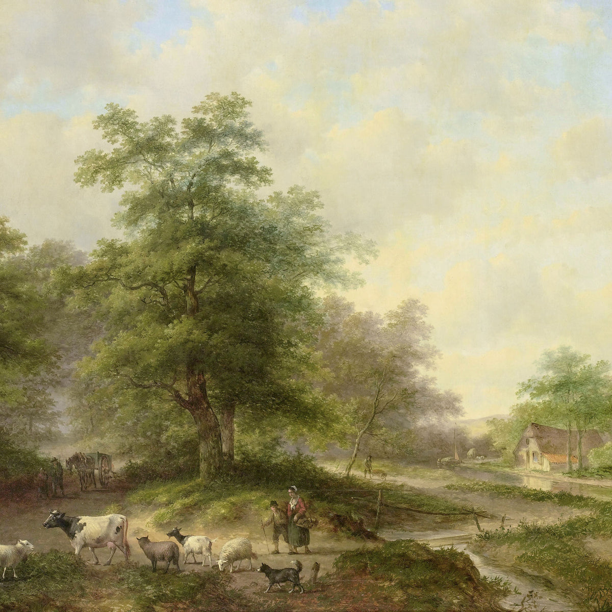 Peinture à l'huile de paysage - Bétail dans un cadre champêtre et pastoral