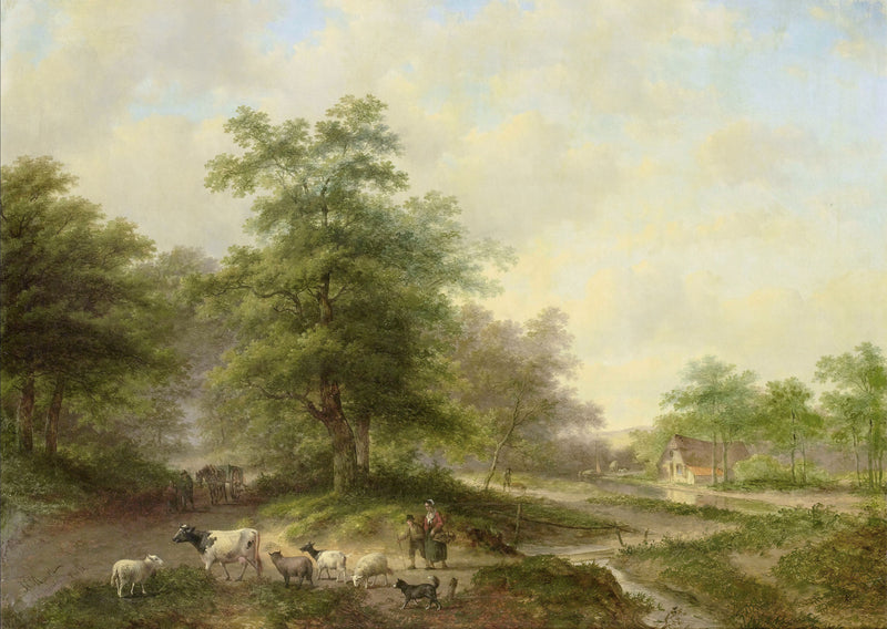 Peinture à l'huile de paysage - Bétail dans un cadre champêtre et pastoral
