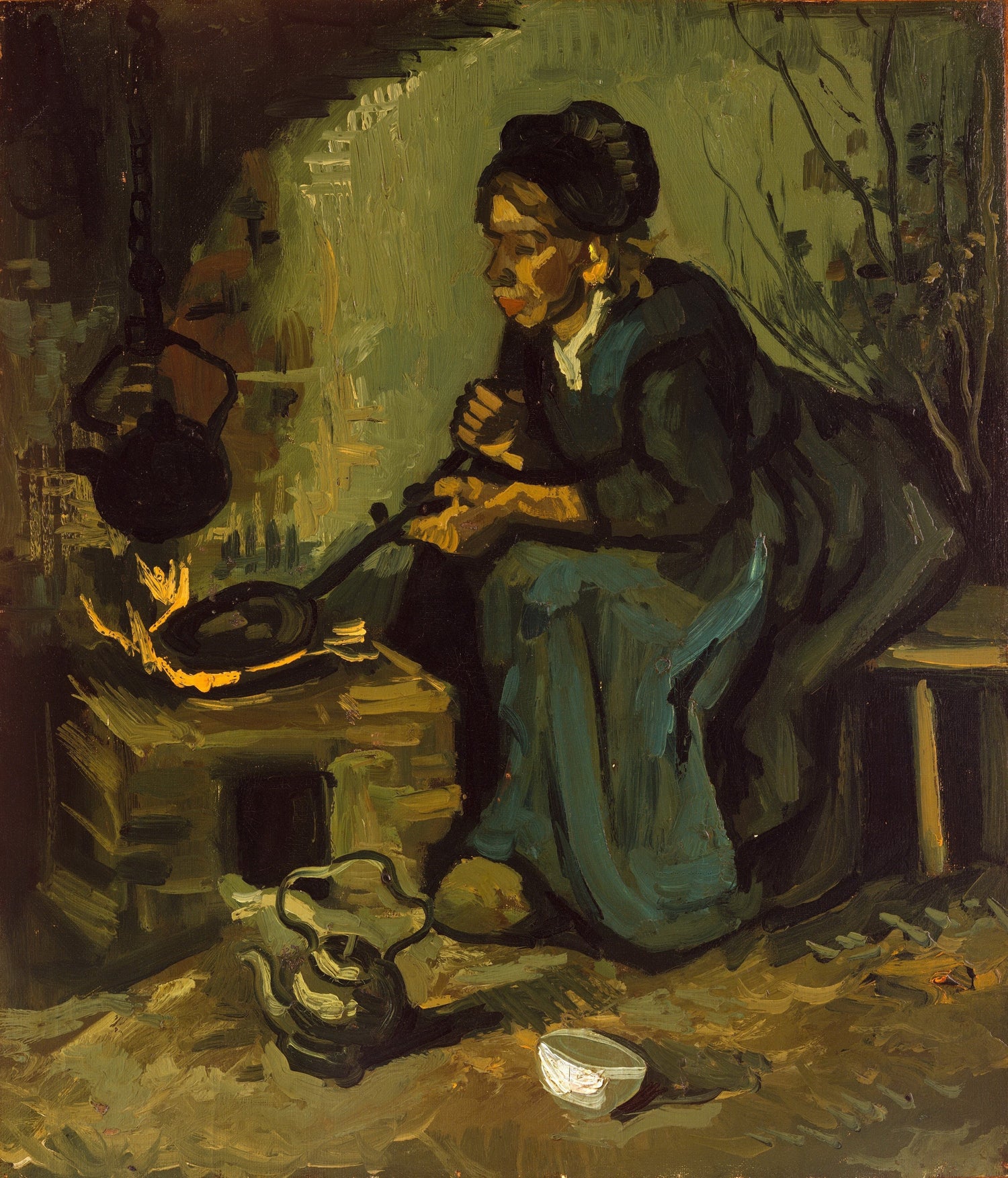 Peasant Woman Cooking by a Fireplace - Oil Painting Haven