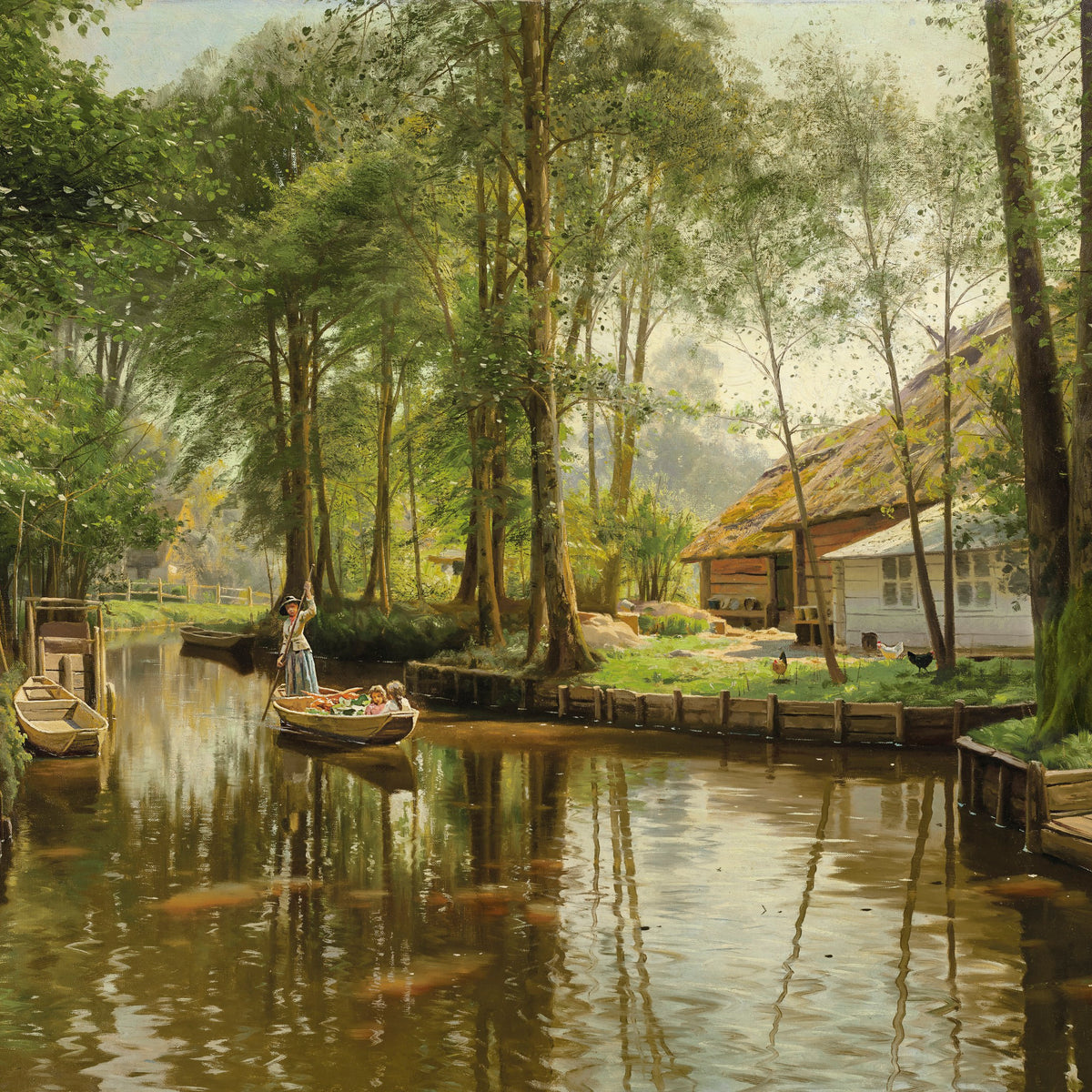 Landscape Oil Painting - Woodland Canal with Family in a Rowboat