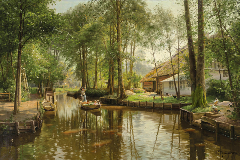 Landscape Oil Painting - Woodland Canal with Family in a Rowboat