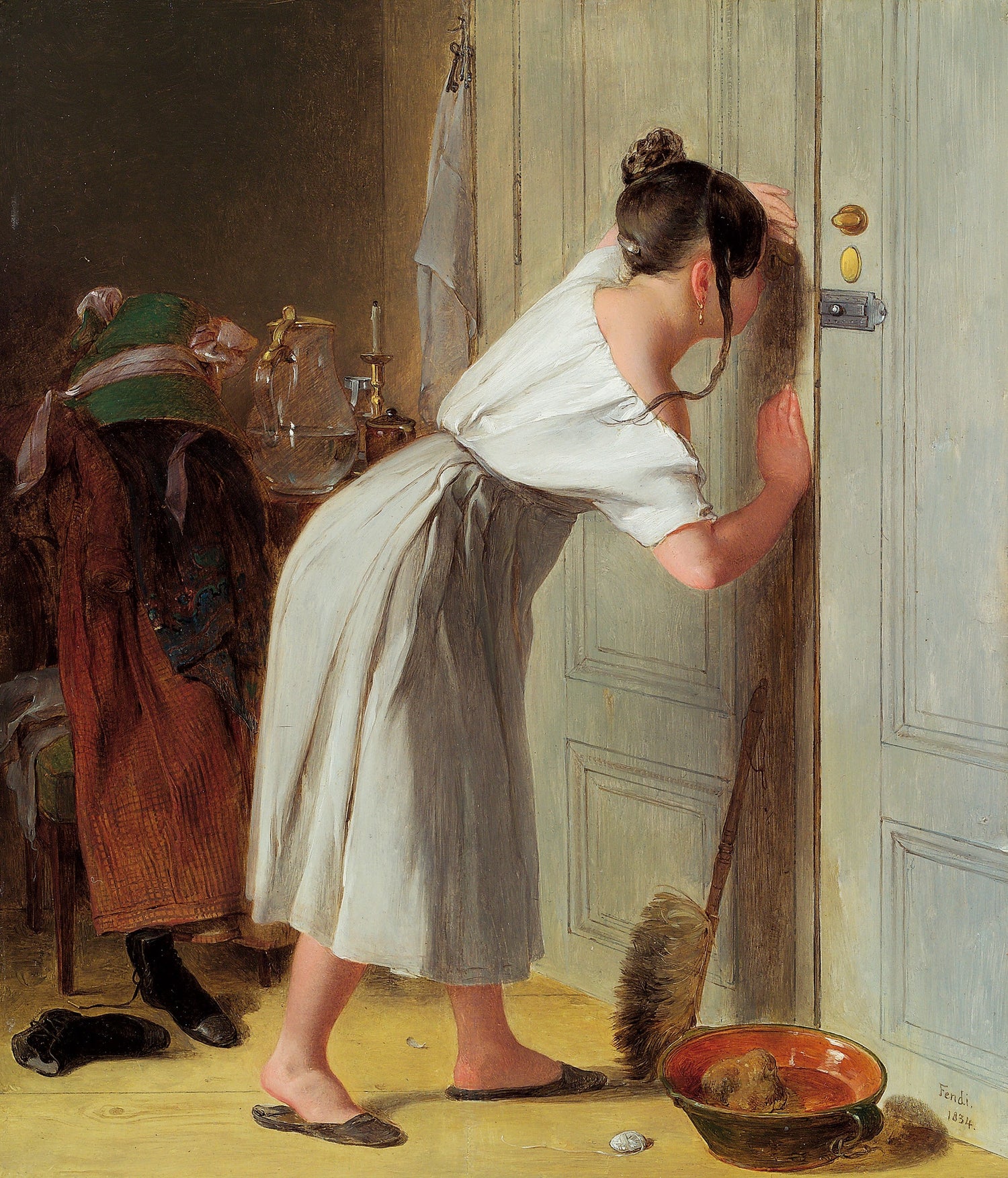 Peter Fendi - The Cautious Parlourmaid, 1834 - Oil Painting Haven