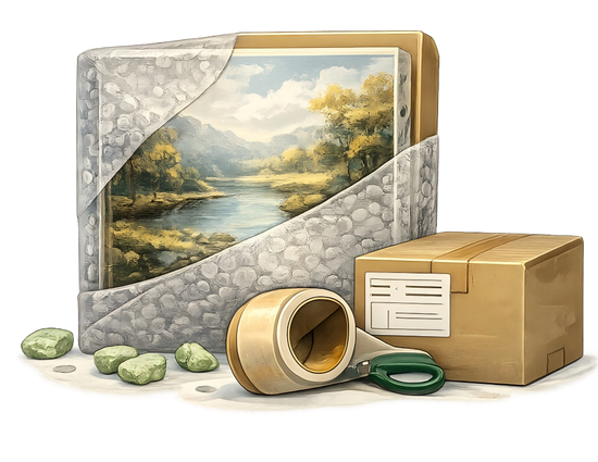 Preparing a hand-painted oil painting on canvas for secure packaging