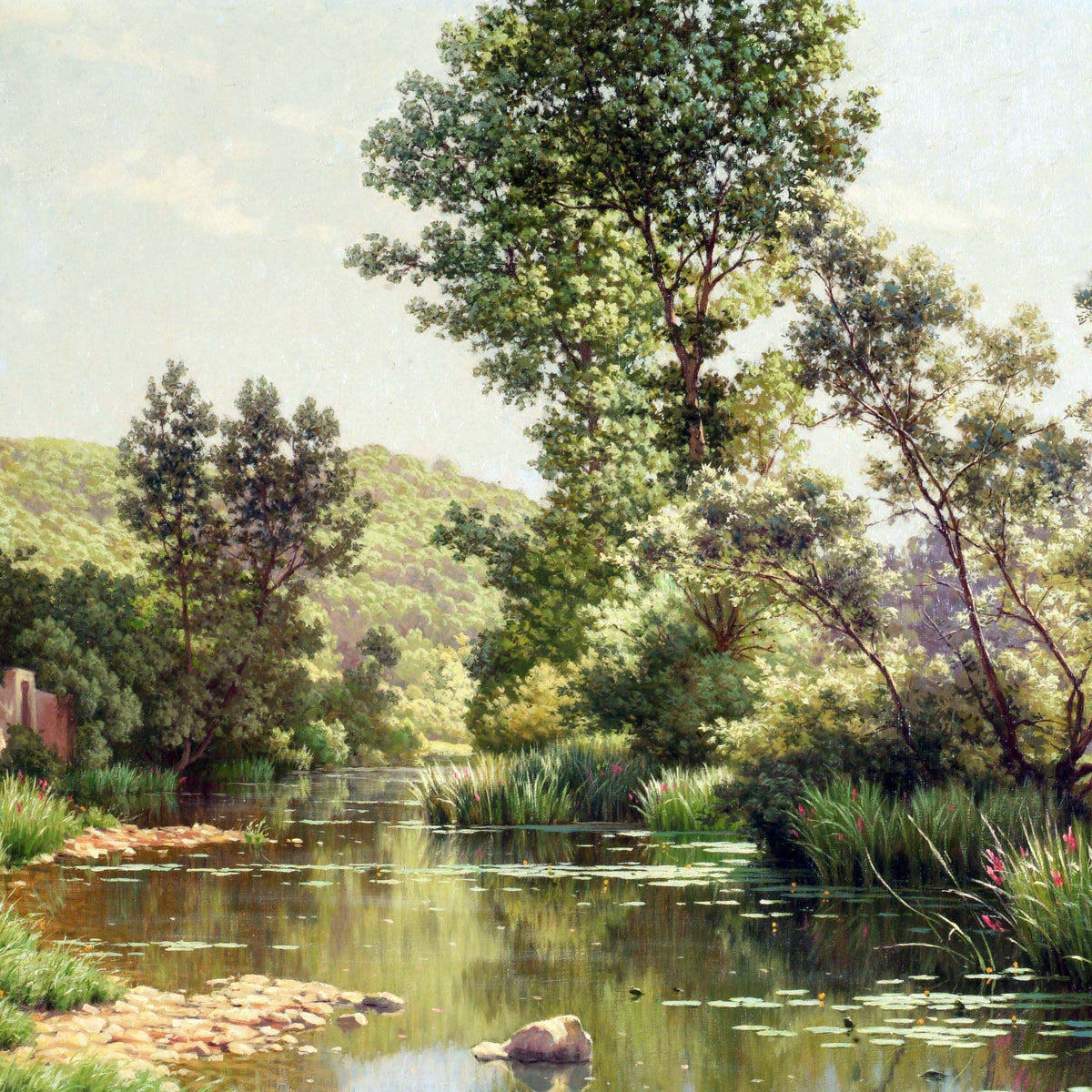 Peinture à l'huile de paysage - Arbres et reflets calmes au bord de la rivière