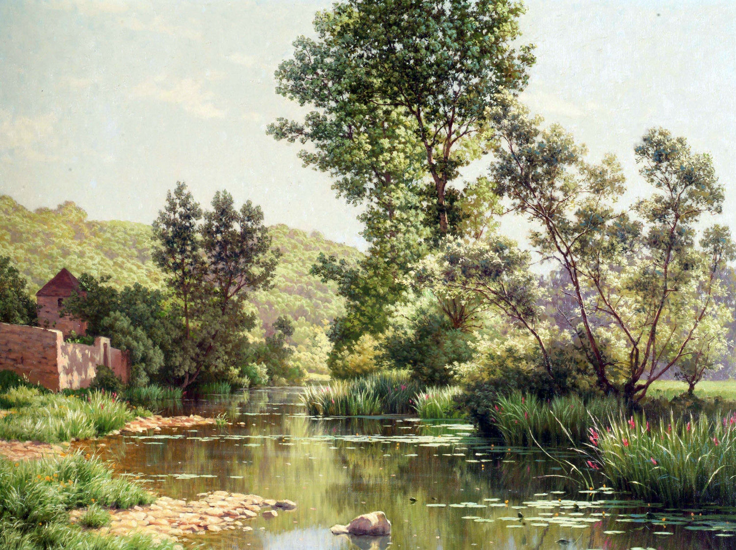 Landscape Oil Painting - Quiet Riverbank Trees & Reflections