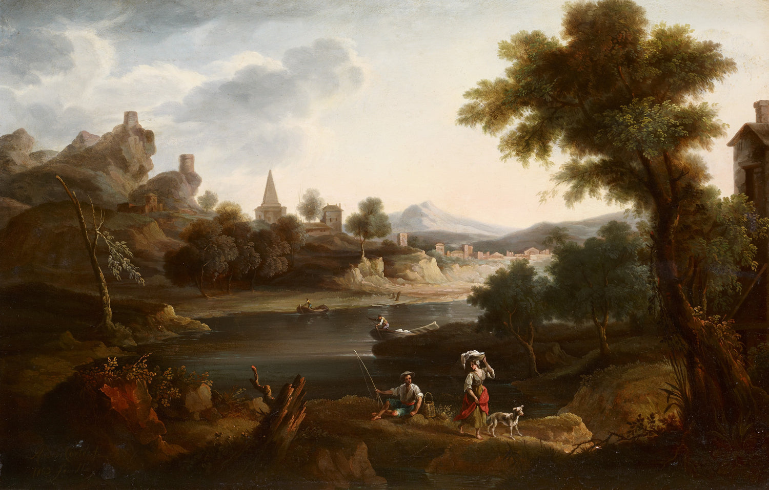 River Landscape with Washerwoman and Fisherman - Oil Painting Haven