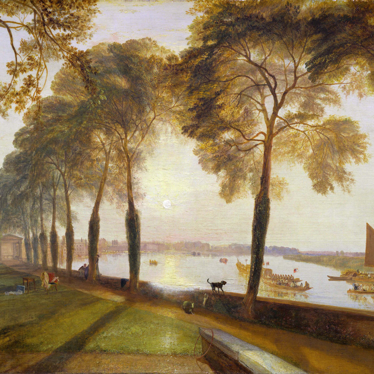 Landscape Oil Painting - Riverside Promenade with Boats at Sunset