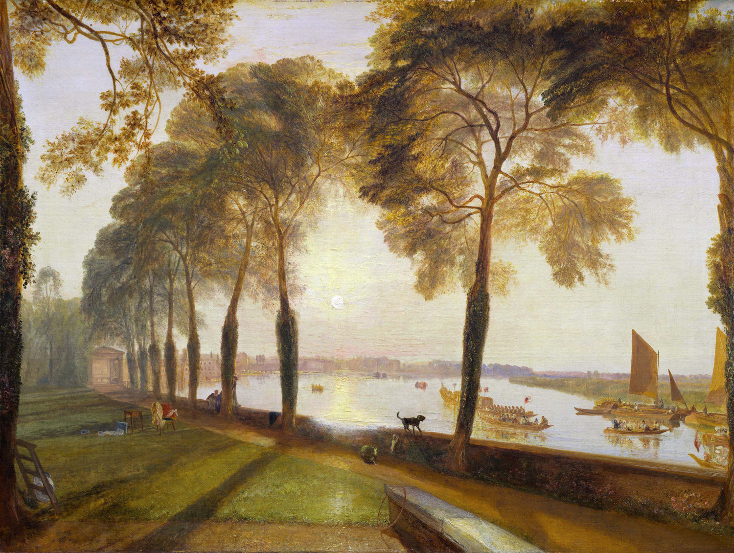 Landscape Oil Painting - Riverside Promenade with Boats at Sunset