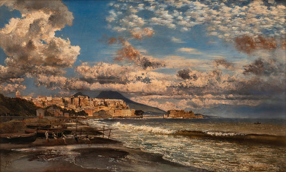 Hand-painted coastal city and dramatic sea view landscape oil painting on canvas