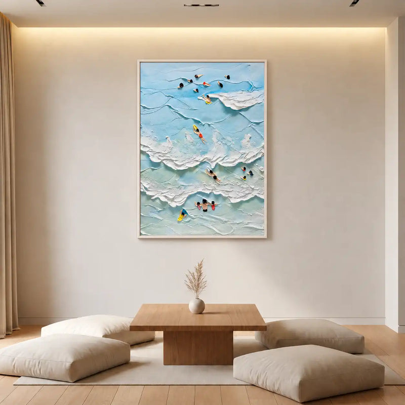 Abstract Oil Painting - Swimmers in Blue Ocean Waves on Canvas