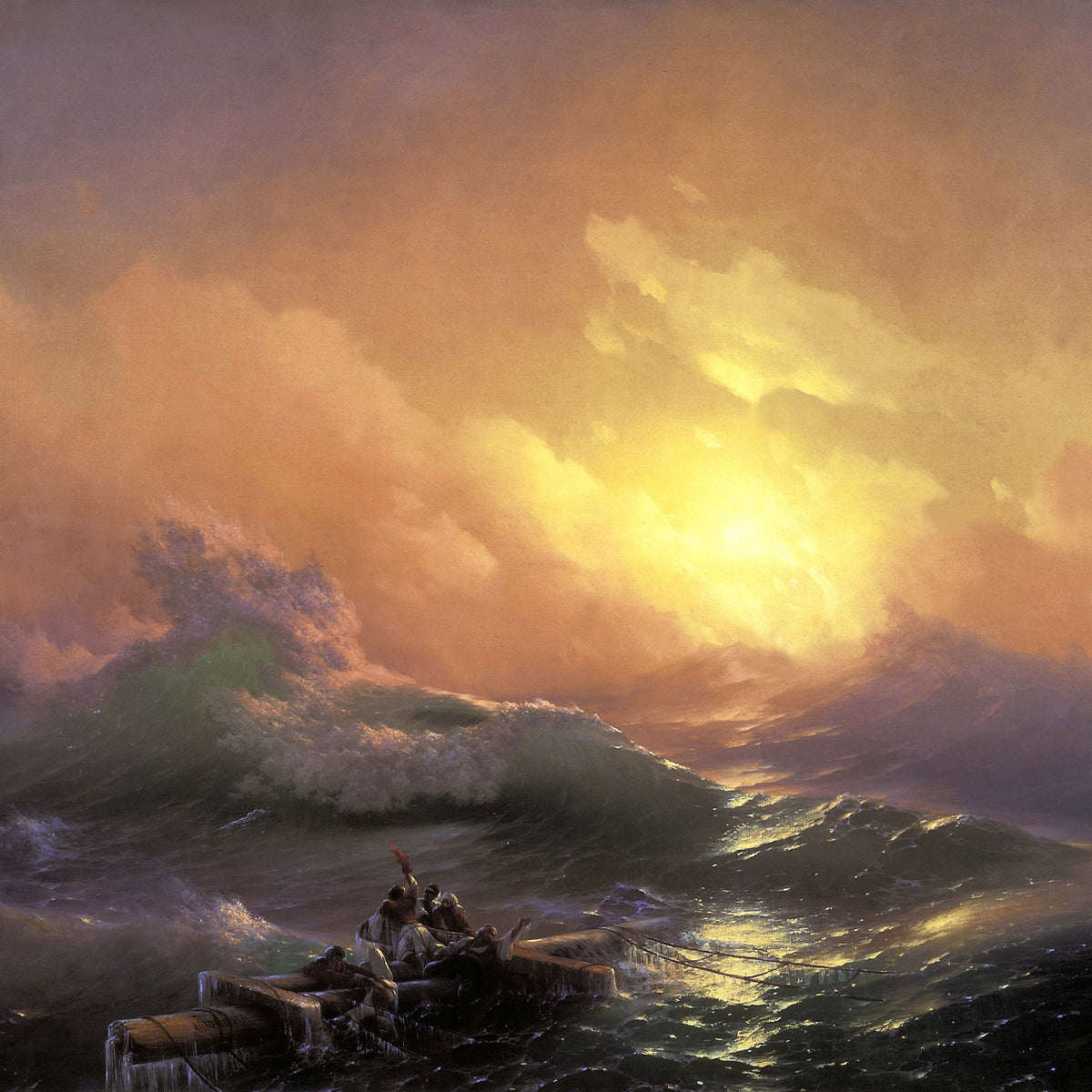 Landscape Oil Painting - Stormy Sea with Raft at Sunset