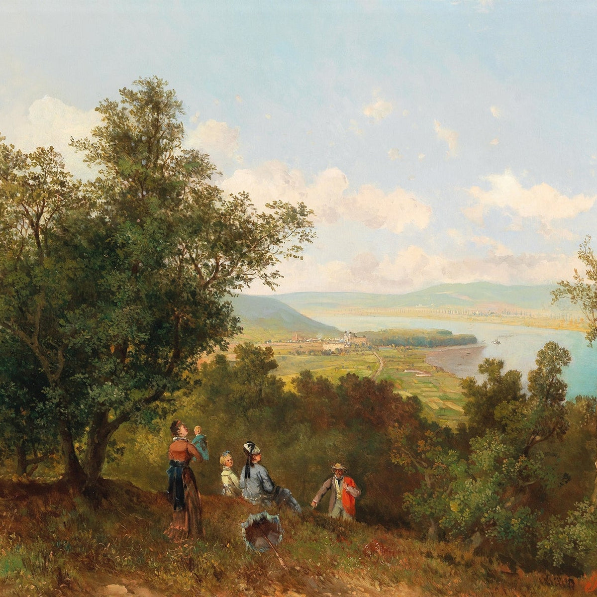 Hand-painted hillside river valley with figures landscape oil painting on canvas