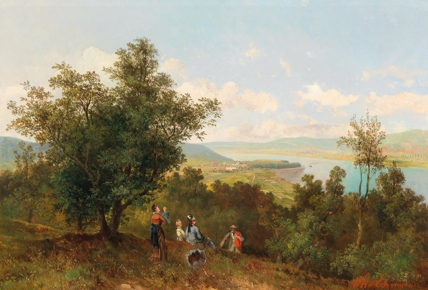 Hand-painted hillside river valley with figures landscape oil painting on canvas