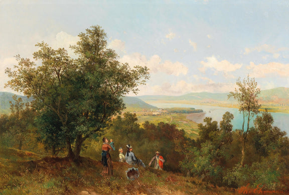 Hand-painted hillside river valley with figures landscape oil painting on canvas