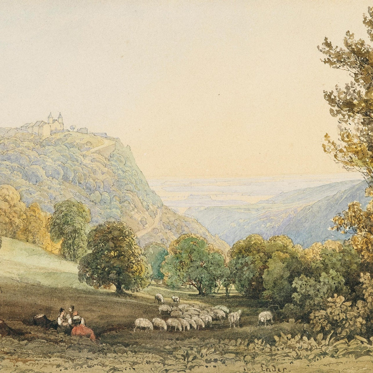 Hand-painted pastoral valley with sheep and castle landscape oil painting on canvas