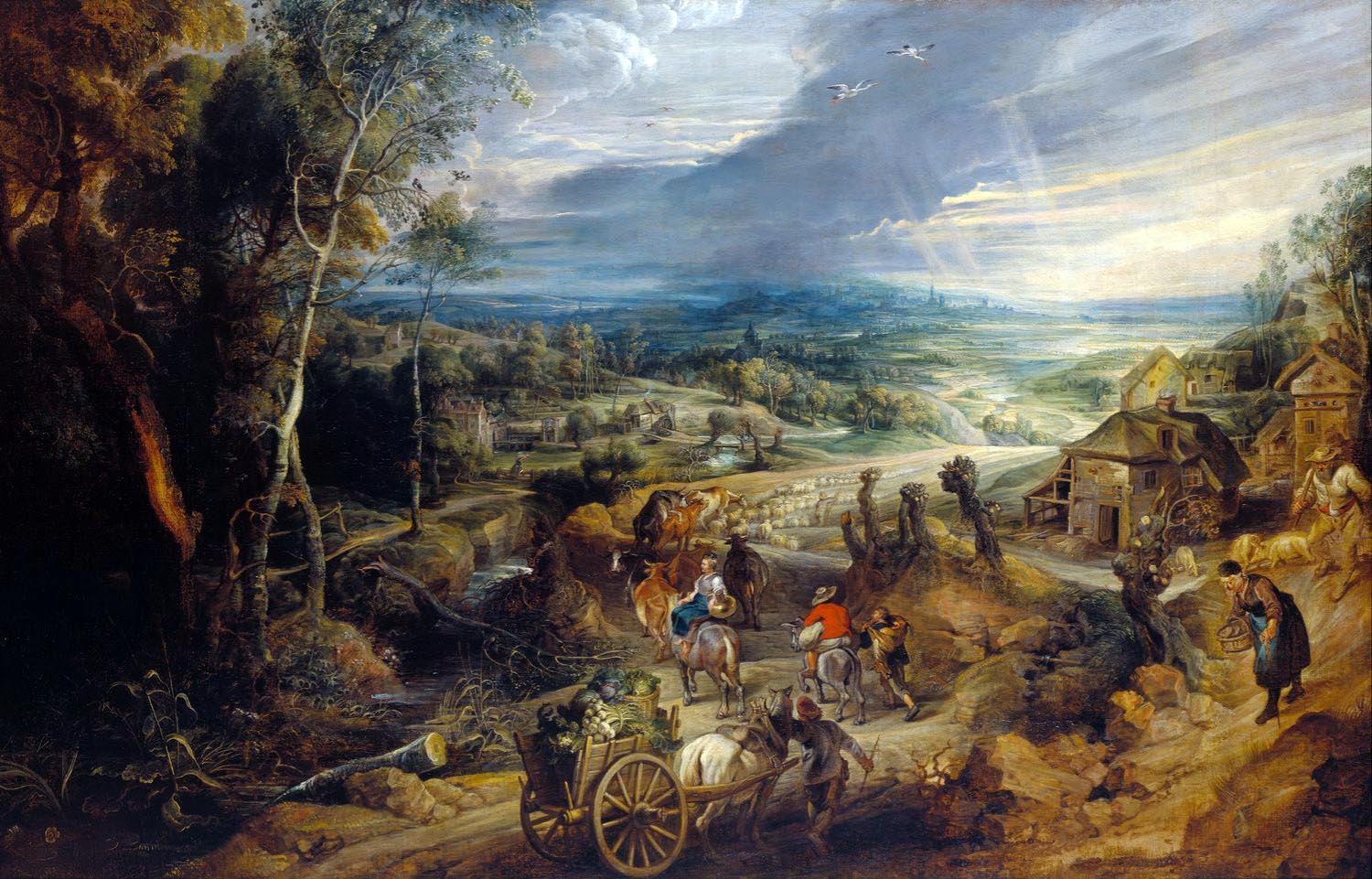Landscape Oil Painting - Travelers and Farmers on a Country Road