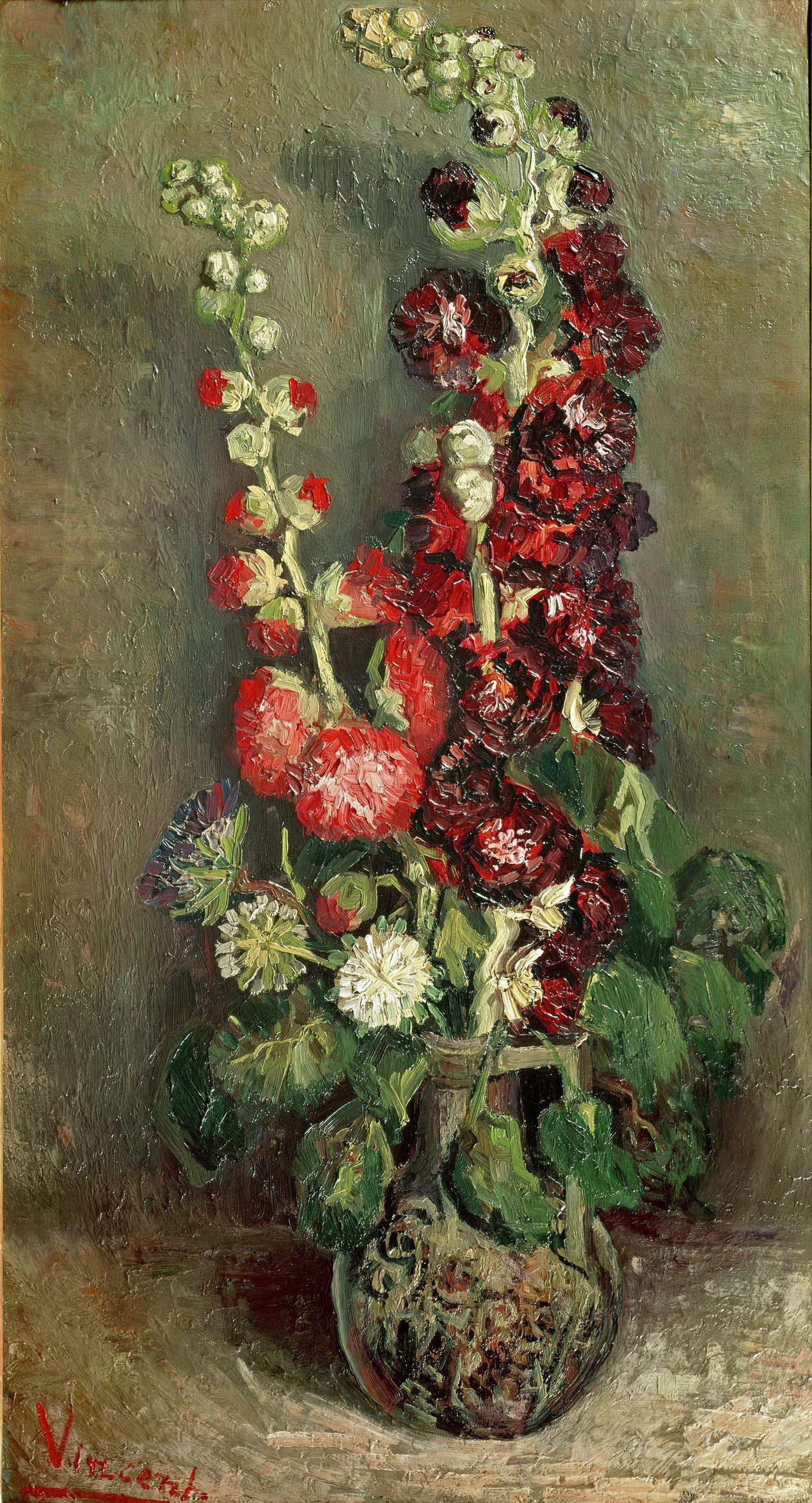 Vase with Hollyhocks - Oil Painting Haven