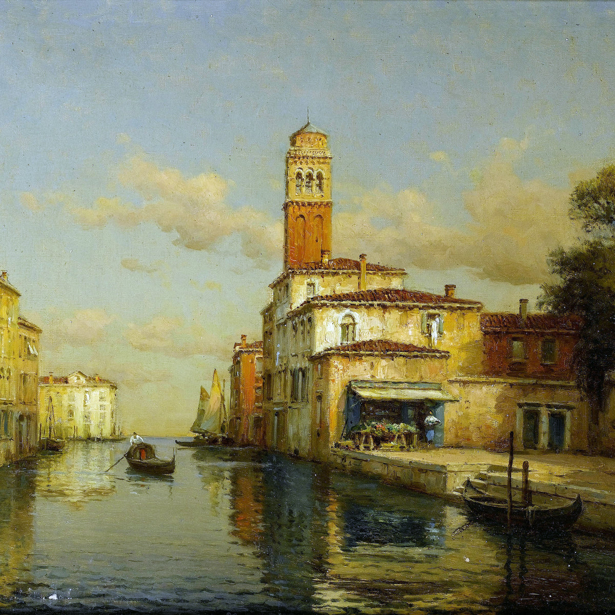 Peinture à l'huile de paysage - Canal vénitien avec campanile