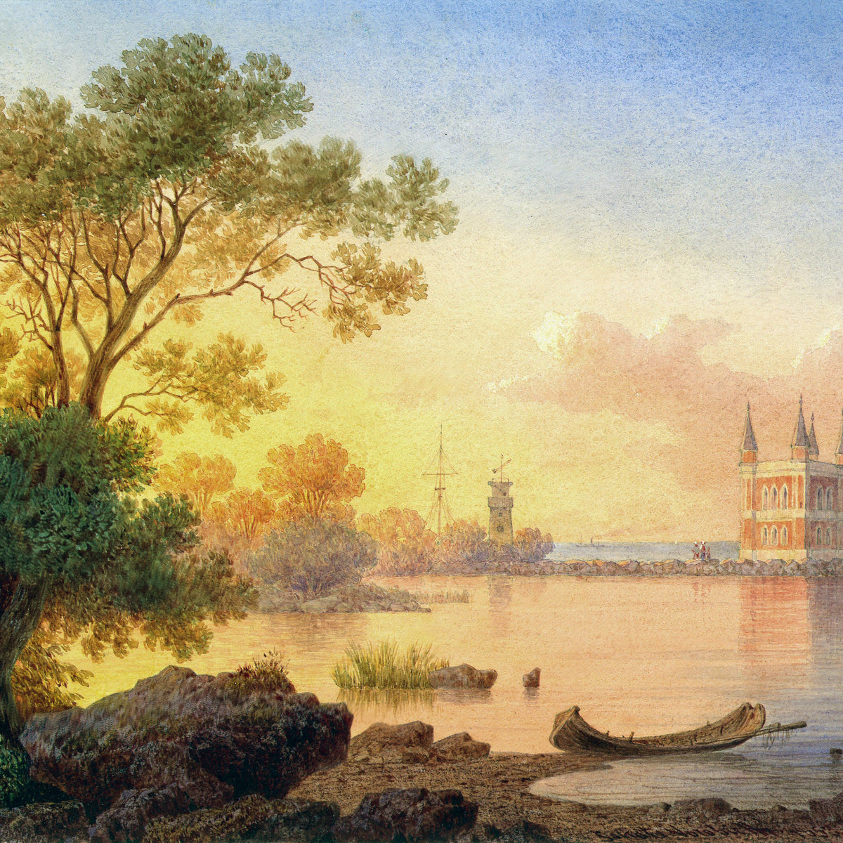 Landscape Oil Painting - Sunset Lake with Castle and Wooden Boat