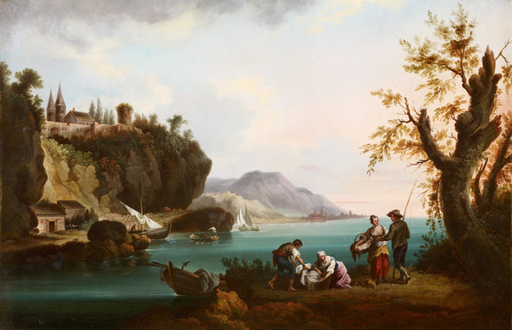 Washerwomen and Fishermen in a Coastal Landscape - Oil Painting Haven Oil Painting Haven