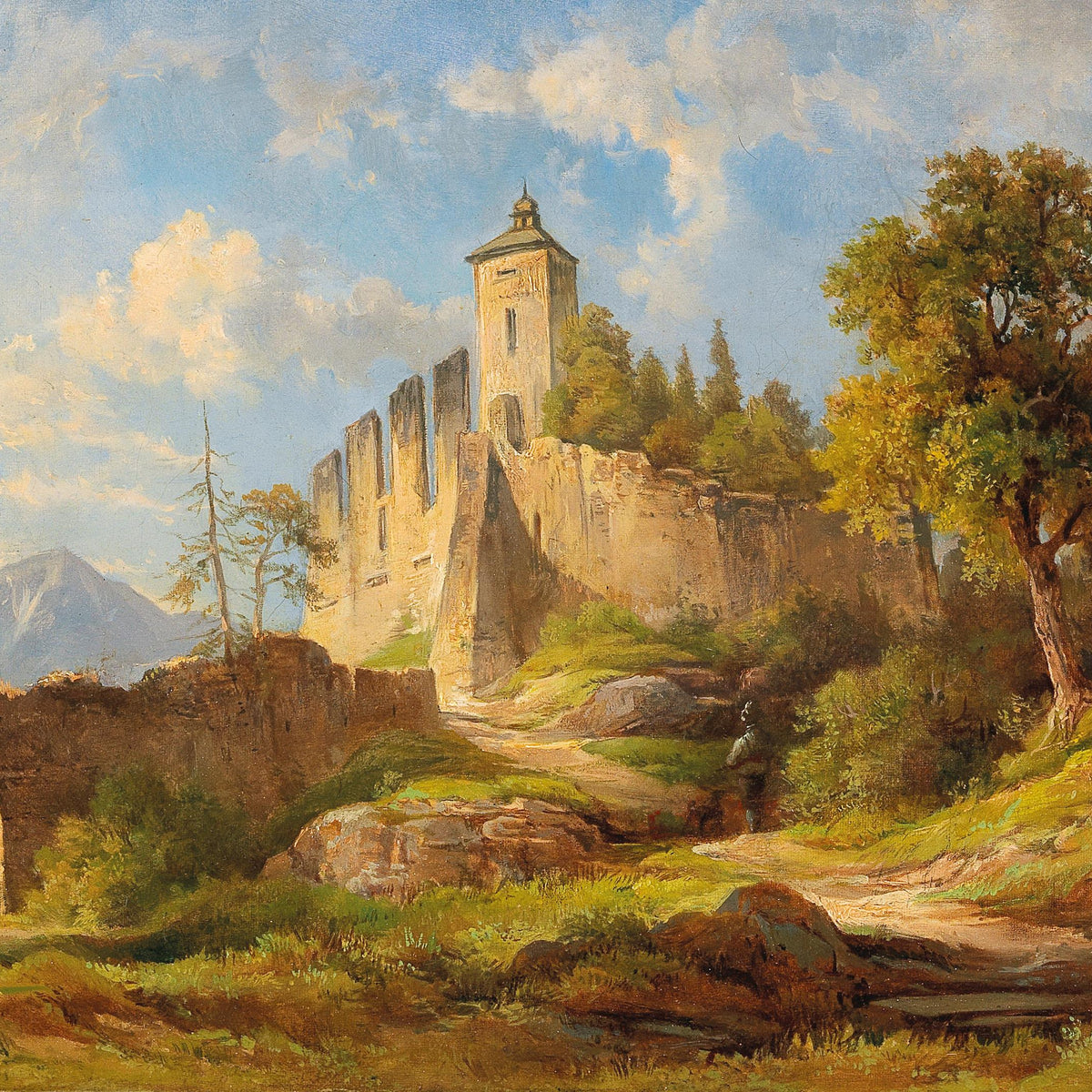 Landscape Oil Painting - Sunlit Castle Ruins in Mountain Valley