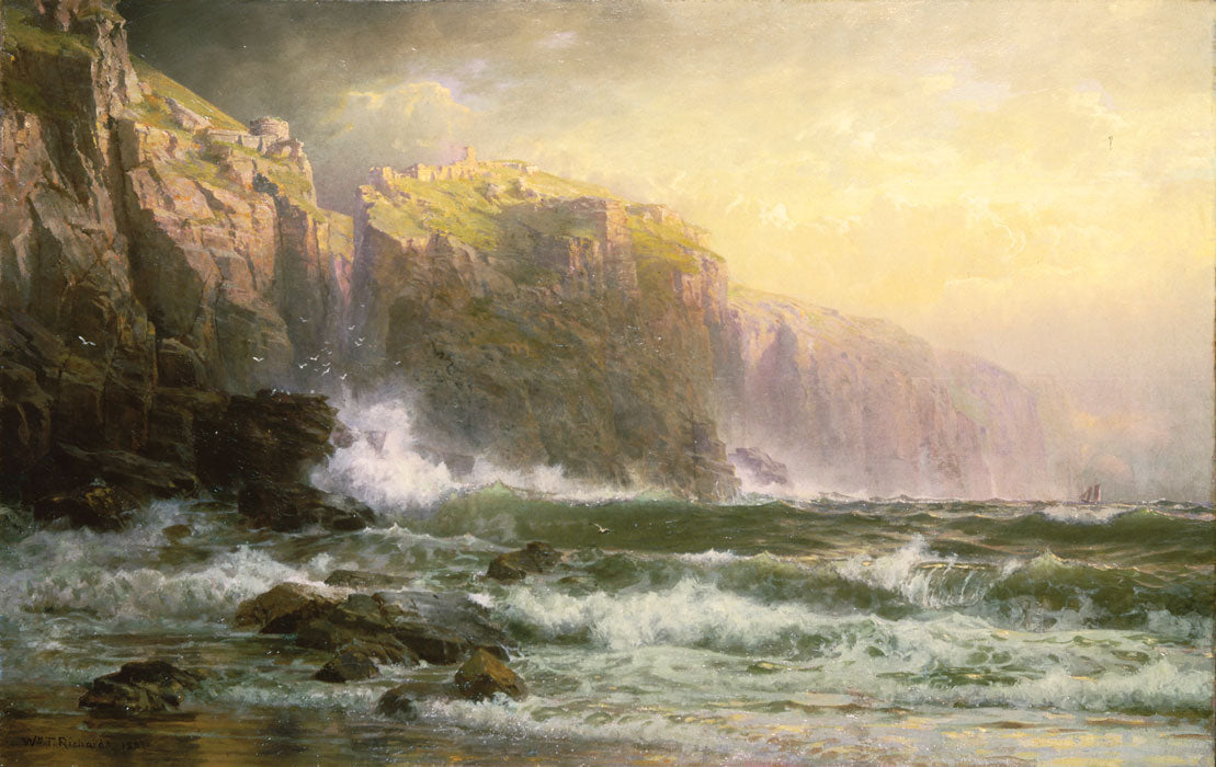 Hand-painted stormy reef and golden coastal cliffs landscape oil painting on canvas