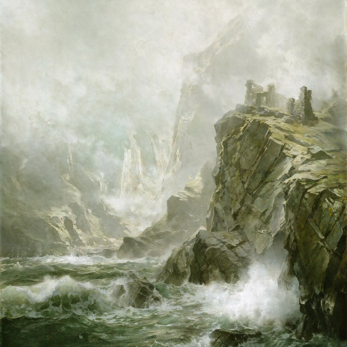 Landscape Oil Painting - Stormy Cliffs with Ancient Castle Ruins
