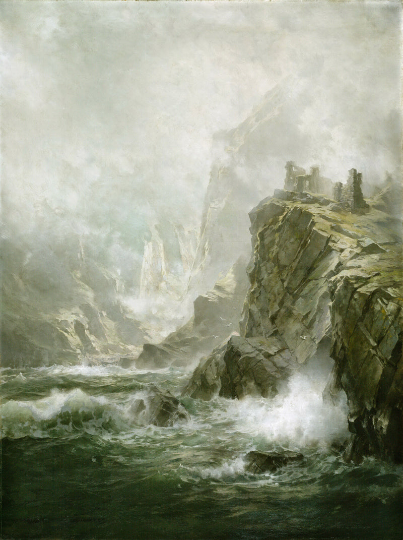Landscape Oil Painting - Stormy Cliffs with Ancient Castle Ruins
