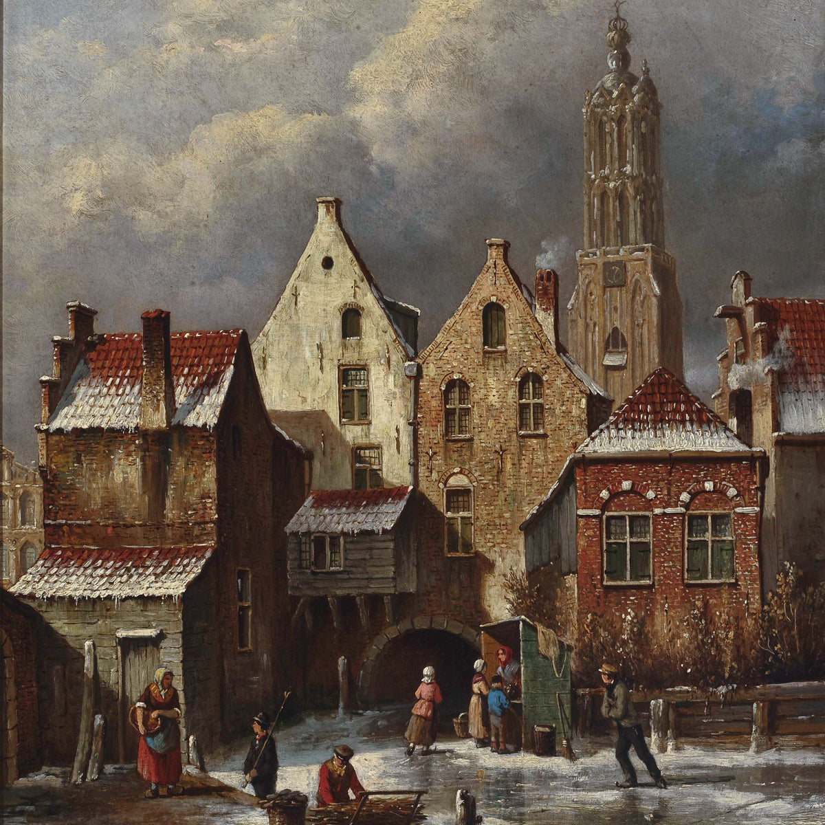 Landscape Oil Painting - Winter European Canal Scene with Figures