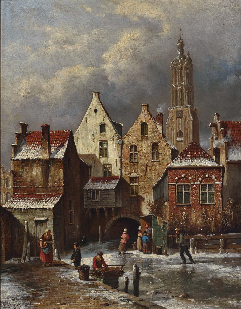Landscape Oil Painting - Winter European Canal Scene with Figures