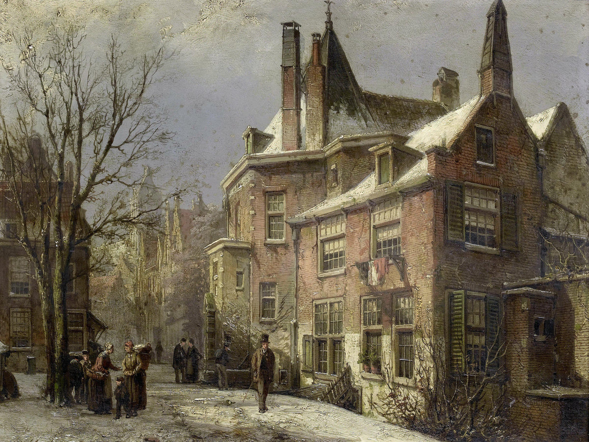 Peinture à l'huile de paysage - Rue européenne en hiver, maisons historiques